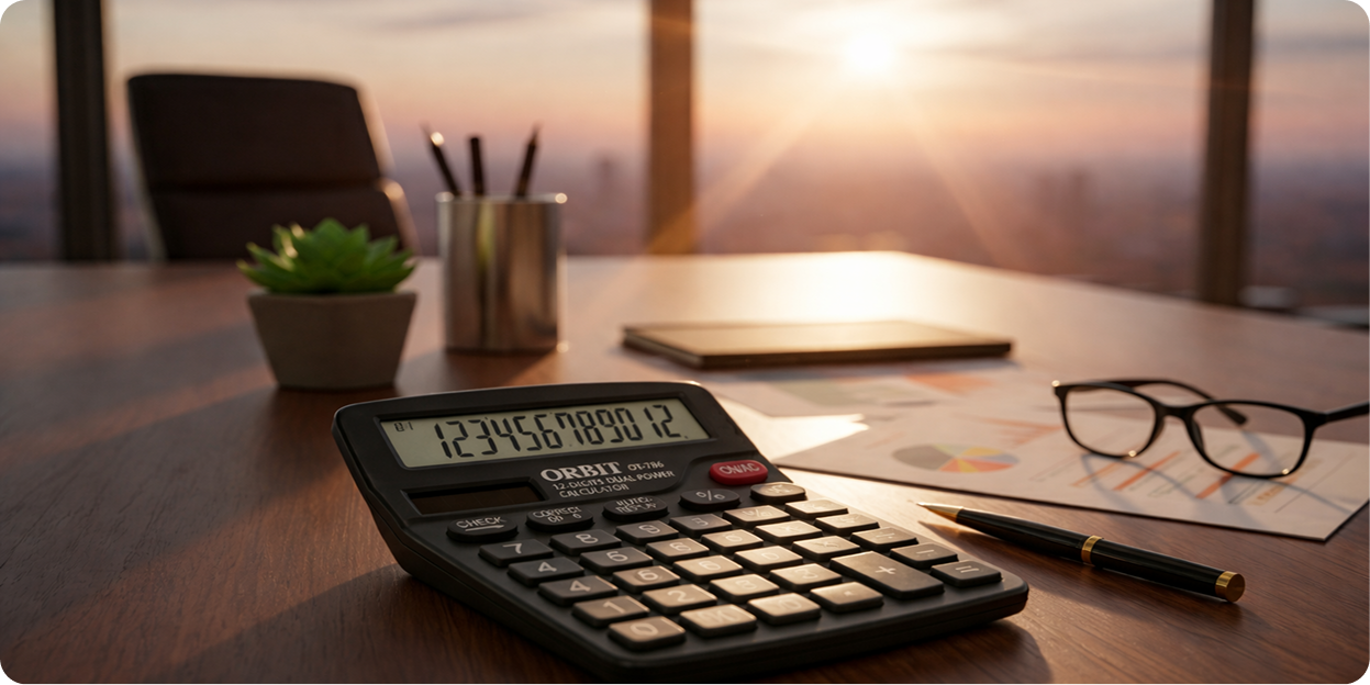 Desk with calculator